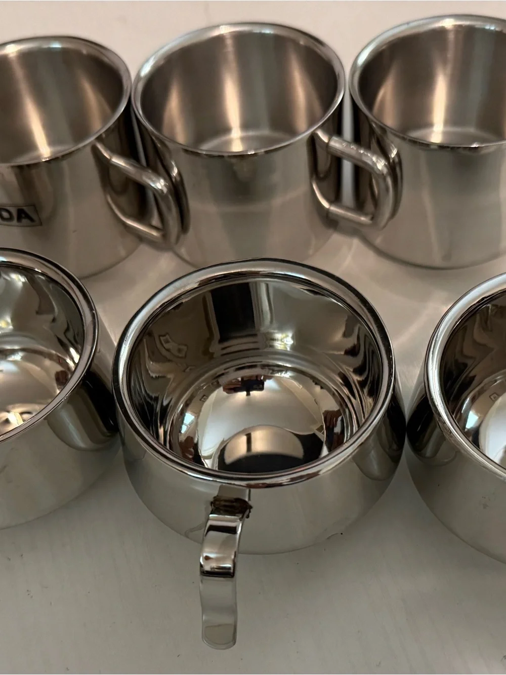 Set of 6: Polished Stainless Steel Coffee Cup and 3 serving bowls Mazda & JVL